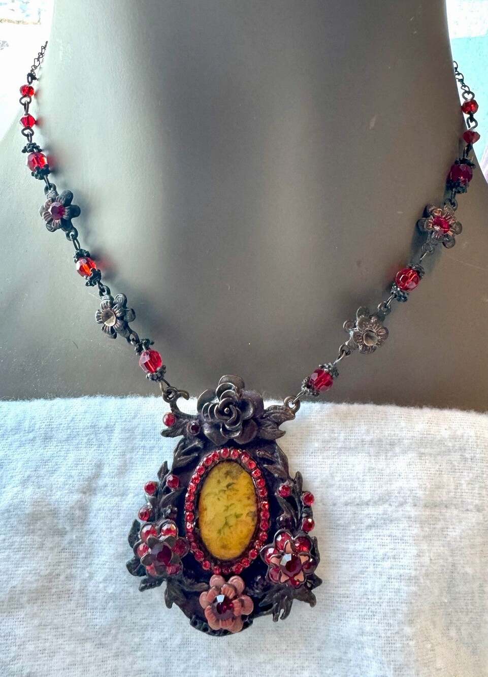 Antique Victorian Painted Glass Floral Necklace Bronze Red Glass Pendant